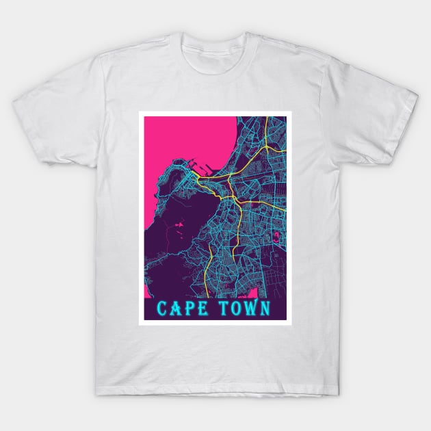 Cape Town Neon City Map T-Shirt by tienstencil